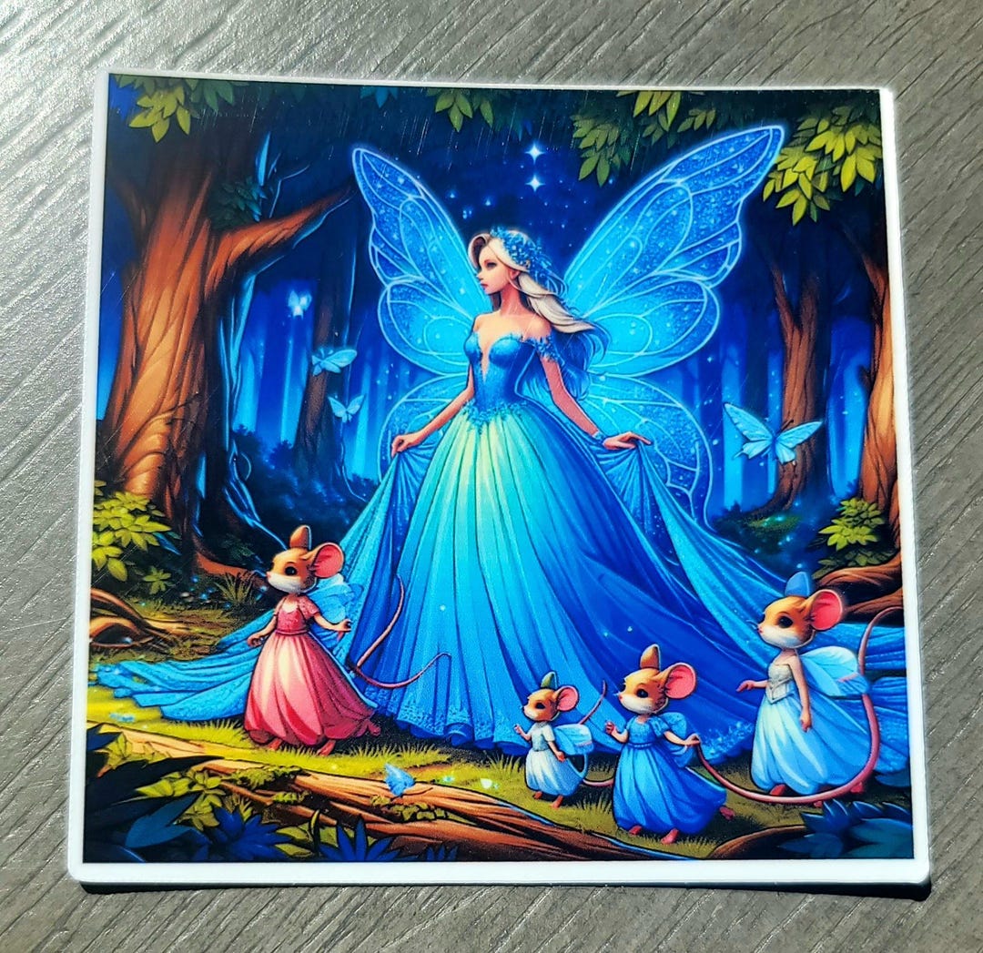 Cinderella Sticker – Magical Blue Dress Fairy in Forest With Mice ...