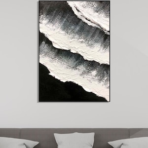 Peinture à l'huile minimaliste noir et blanc sur toile de plage, peinture à l'huile 3D texture plage océan, oeuvre d'art originale noir océan, décoration murale de salon