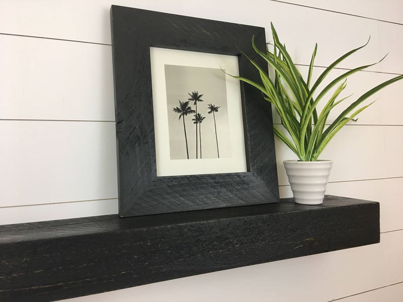 May include: A black floating shelf with a black framed print of palm trees and a potted green plant on top.