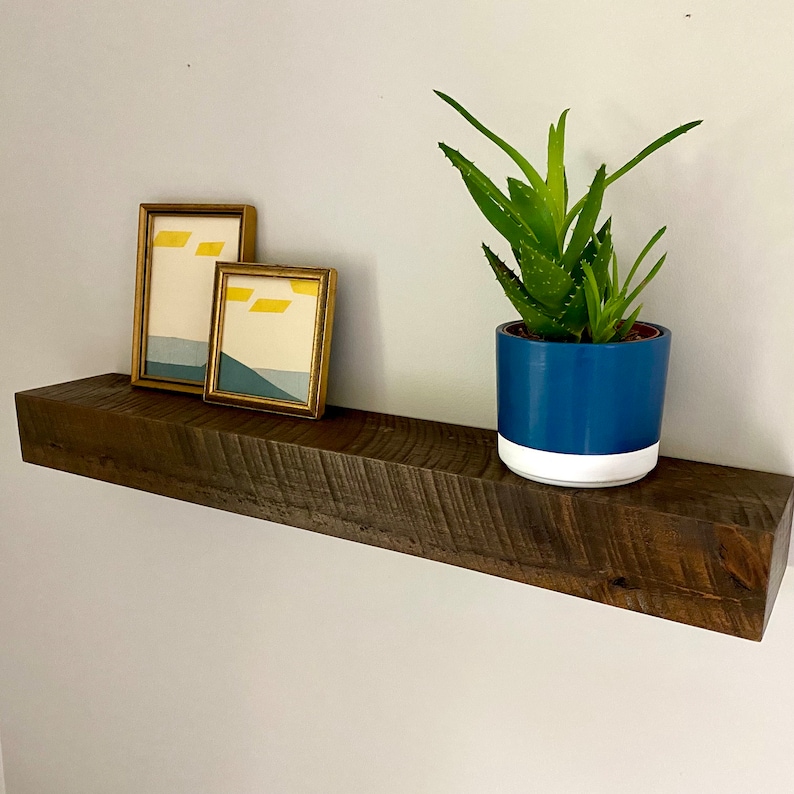 May include: A dark brown wooden shelf with two framed pictures and a potted succulent plant. The pictures are in gold frames and have abstract designs in yellow, blue, and white. The succulent plant is in a blue and white ceramic pot.