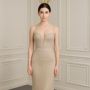 Beige Sparkle Evening Gown: Custom Made Deep V-Neck Formal Dress