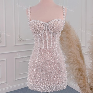 Handgemachte Beige Perlen Minikleid: Korsett Cocktailpartykleid