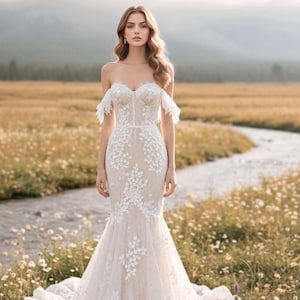 Kanten zeemeermintrouwjurk: 3D-bloemenapplicatie, off-shoulder bruidsjurk