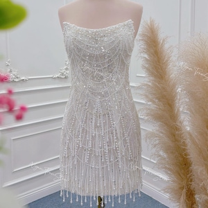 Short Wedding Dress: Lace Mini Corset with Pearl Fringe