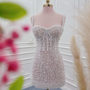 Handmade Pearl Corset Mini Dress: Beige Bridal Reception Gown