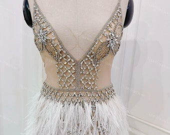 May include: A short, sleeveless dress with a sheer bodice adorned with rhinestones and a white feather skirt.