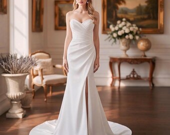 Satin Strapless Sweetheart Wedding Dress with High Slit| Elegant Minimalist Mermaid Bridal Gown| Simple Destination Wedding Dress