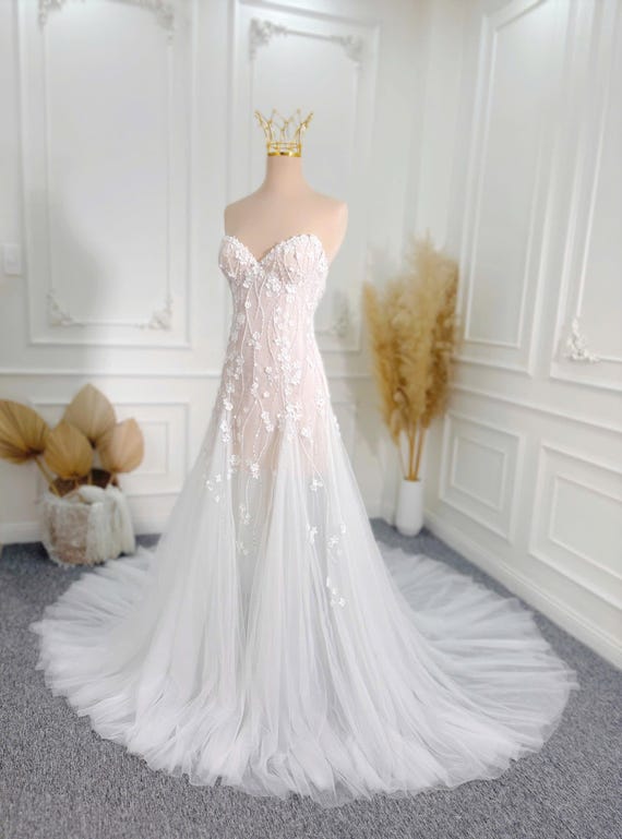 sheer applique wedding dress Long Sleeve Wedding Dress with Sweetheart Neckline and Tulle  Lace Floral applique Dress with Sheer Bodice Plus Size Size 0