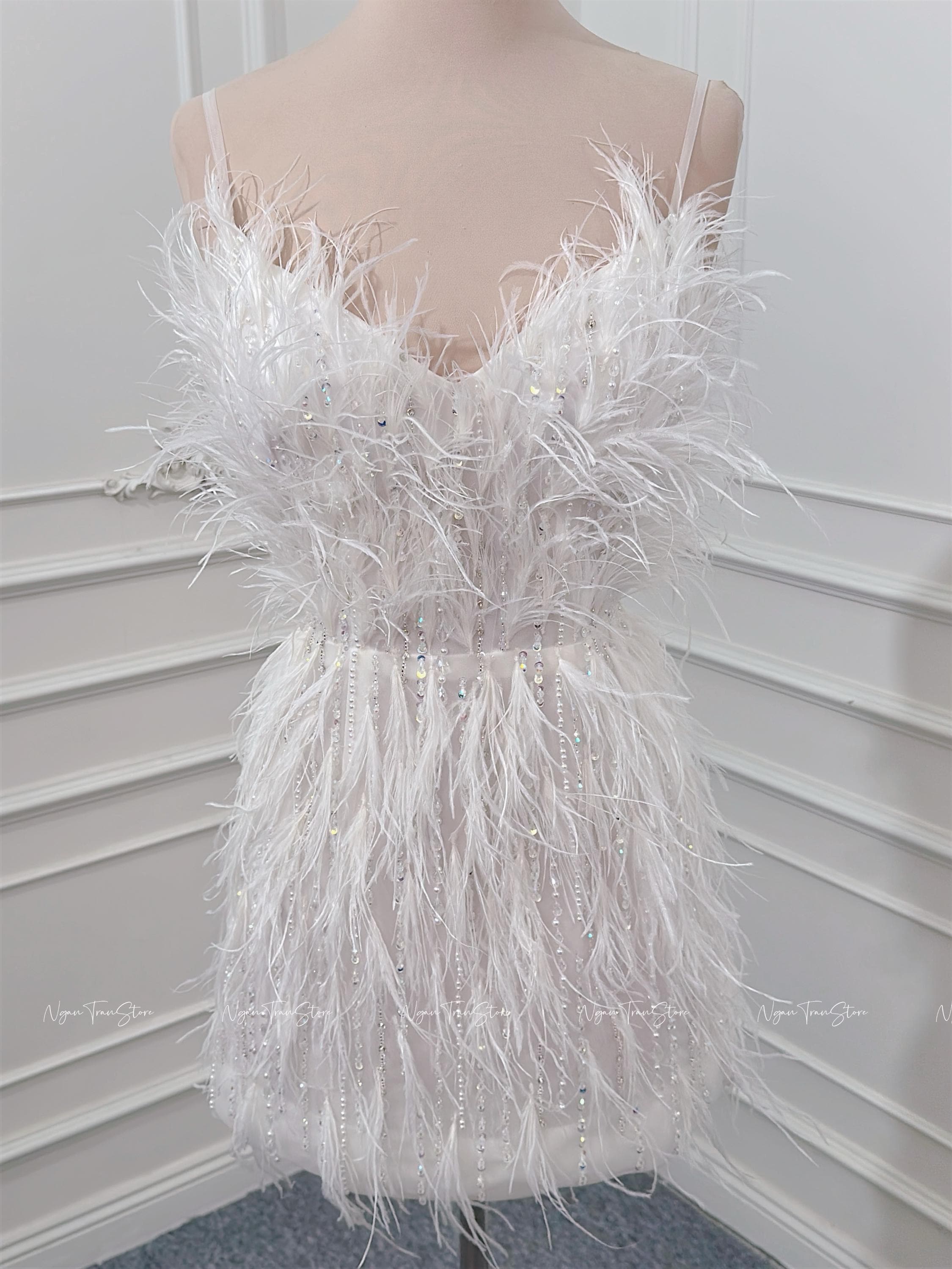 Handmade White Feather Mini Dress | Sparkly Cocktail Party Outfit | Feather and Beaded Mini Dress | Deep V-Neck Party Dress Handmade White Feather Mini Dress | Sparkly Cocktail Party Outfit | Feather and Beaded Mini Dress | Deep V-Neck Party Dress