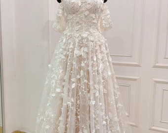 3D Floral Lace Wedding Dress: Beige Off-Shoulder A-Line Gown