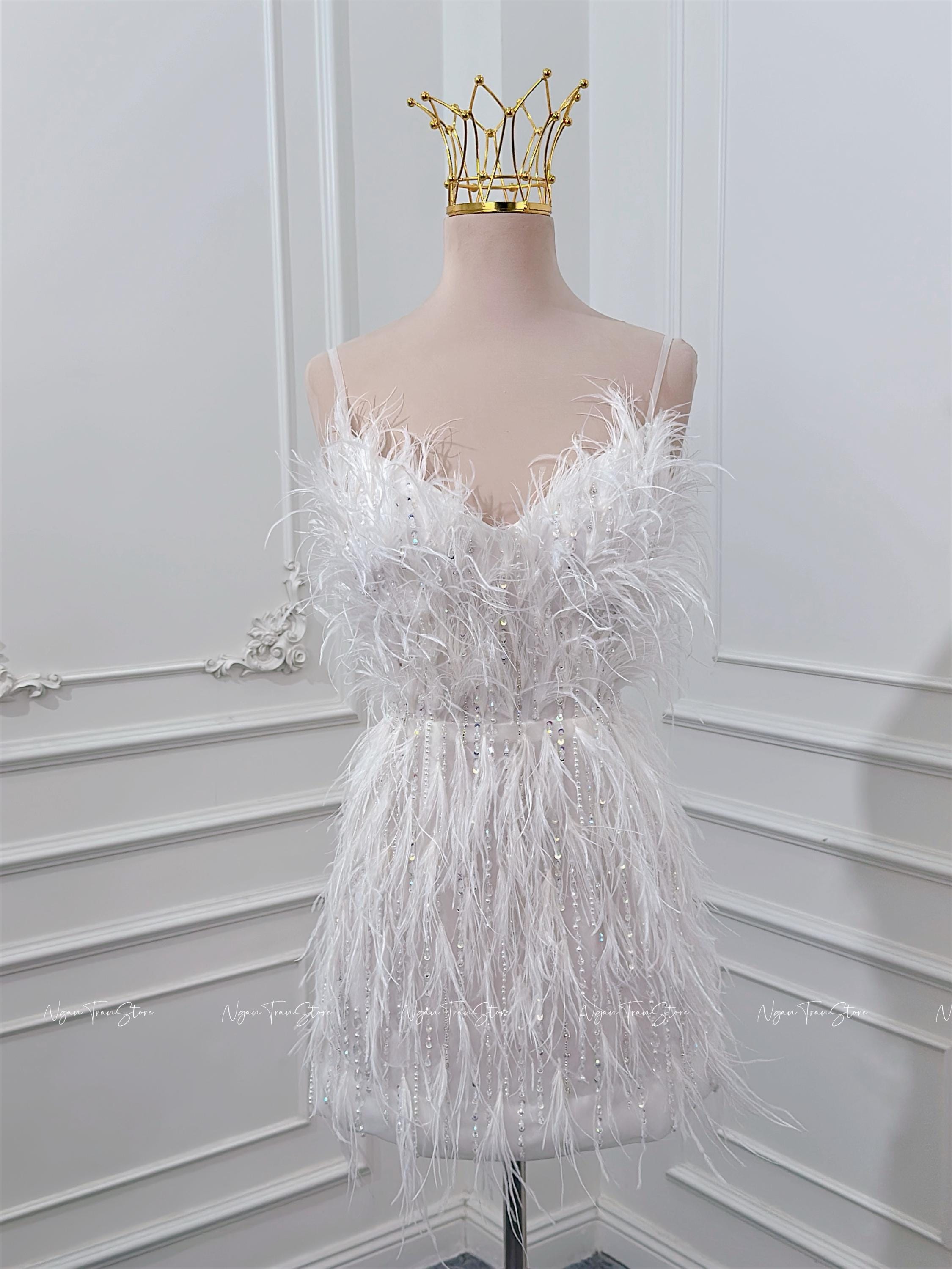mini white dress with feathers Intense defense feather mini dress in White