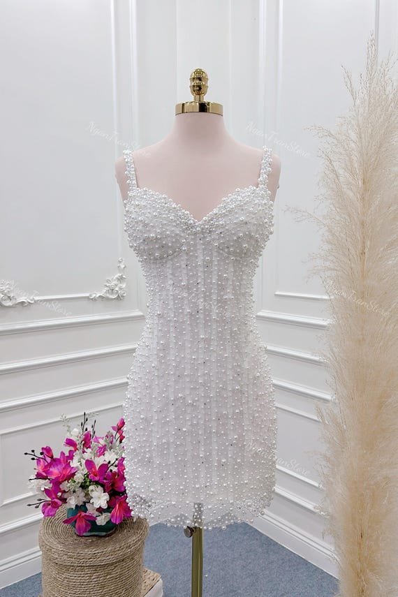 Pearl Corset Mini Wedding Dress | Pearl Short Party Dress | White Short Wedding Dress with Corset Made to Measure | Cocktail Dress |