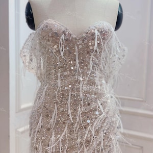 Beaded & Sequined Short Wedding Dress: Custom Off-Shoulder Evening Gown