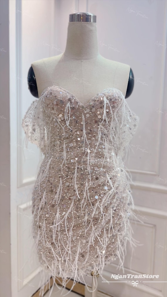 second dress short sparkly Beaded & Sequined Short Wedding Dress | Custom Evening Gown | Feather Mini  Wedding Dress | Sparkly Second Dress | Tailor-made Mini Dress
