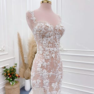 3D Floral Lace Wedding Dress | Beaded Mermaid Bridal Gown | Long Tail Wedding Dress | Custom Made Beige Wedding Dress | Unique Mermaid Dress