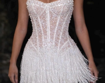 Pearl Mini Wedding Dress | Pearl Beaded Lace Corset Fringe Wedding Dress | Custom Corset Short Dress | Custom Made Dress for bride |
