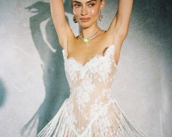 Lace Corset Mini Dress with Glitter Fringe | Sweetheart Cocktail Party Gown | Fringe Bachelorette | Custom Short Wedding Party Dress |