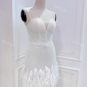 Beaded Feathered Short Wedding Dress with Straps