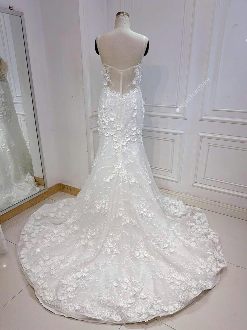 Handmade White 3D Floral Rose Mermaid Wedding Gown Formal Evening Dress main image 0