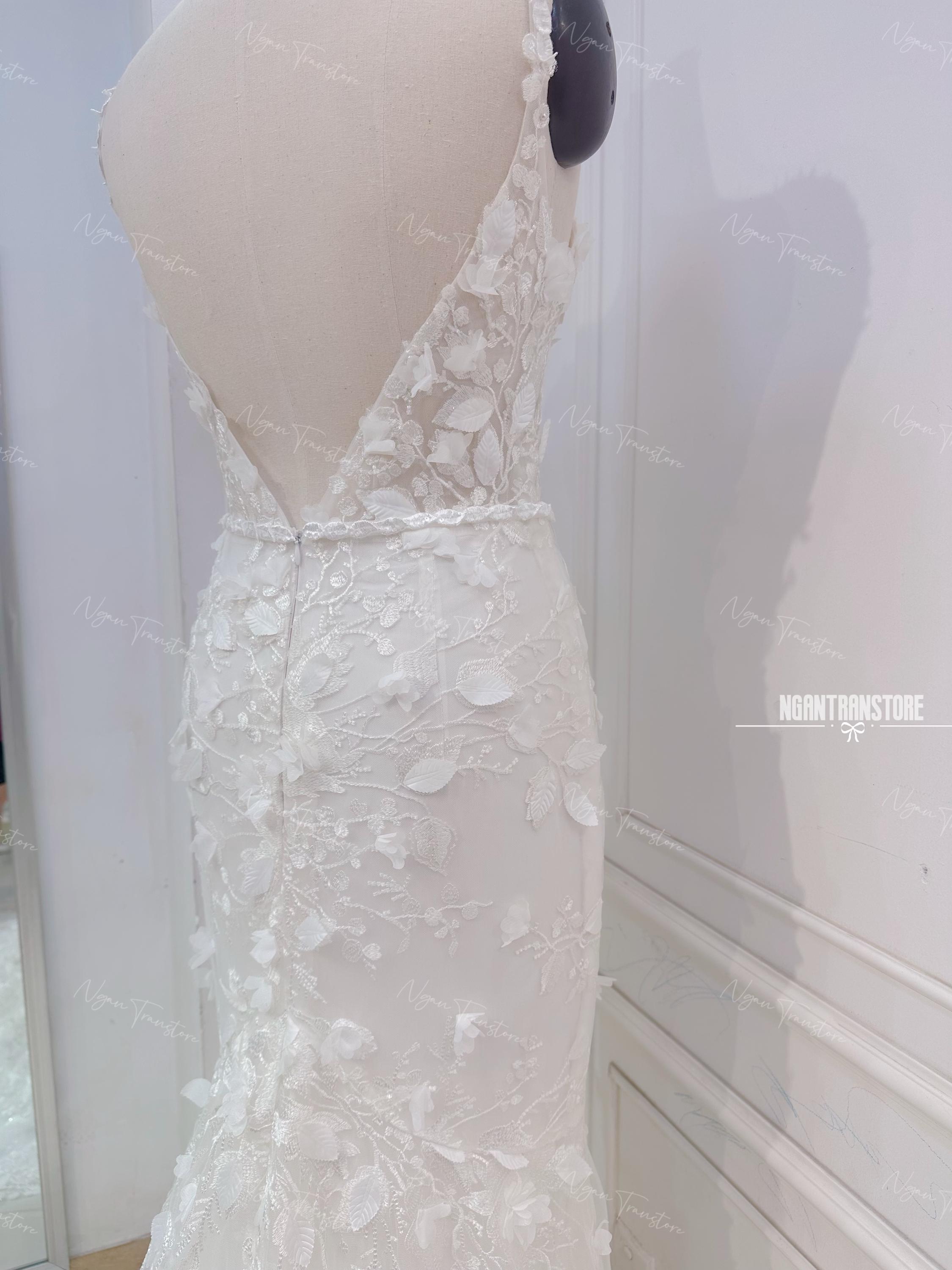 3D Lace Mermaid Wedding Dress: Custom Low Back Long Train - Etsy