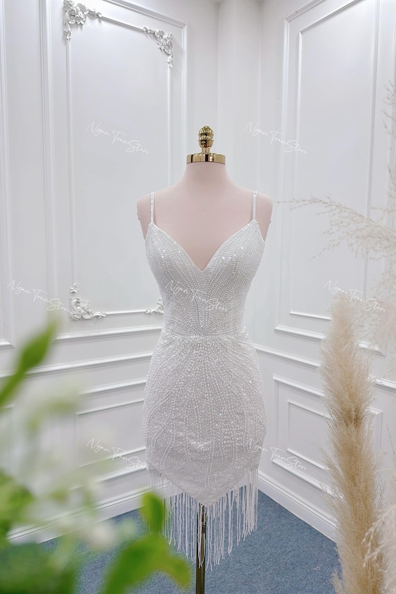 short fringe wedding dress Sequin Fringe Short Wedding Dress | Custom Made Bridal Gown | V-neck Short  Wedding Dress | Short Fringe Beaded Wedding Dress | Luxury Dress