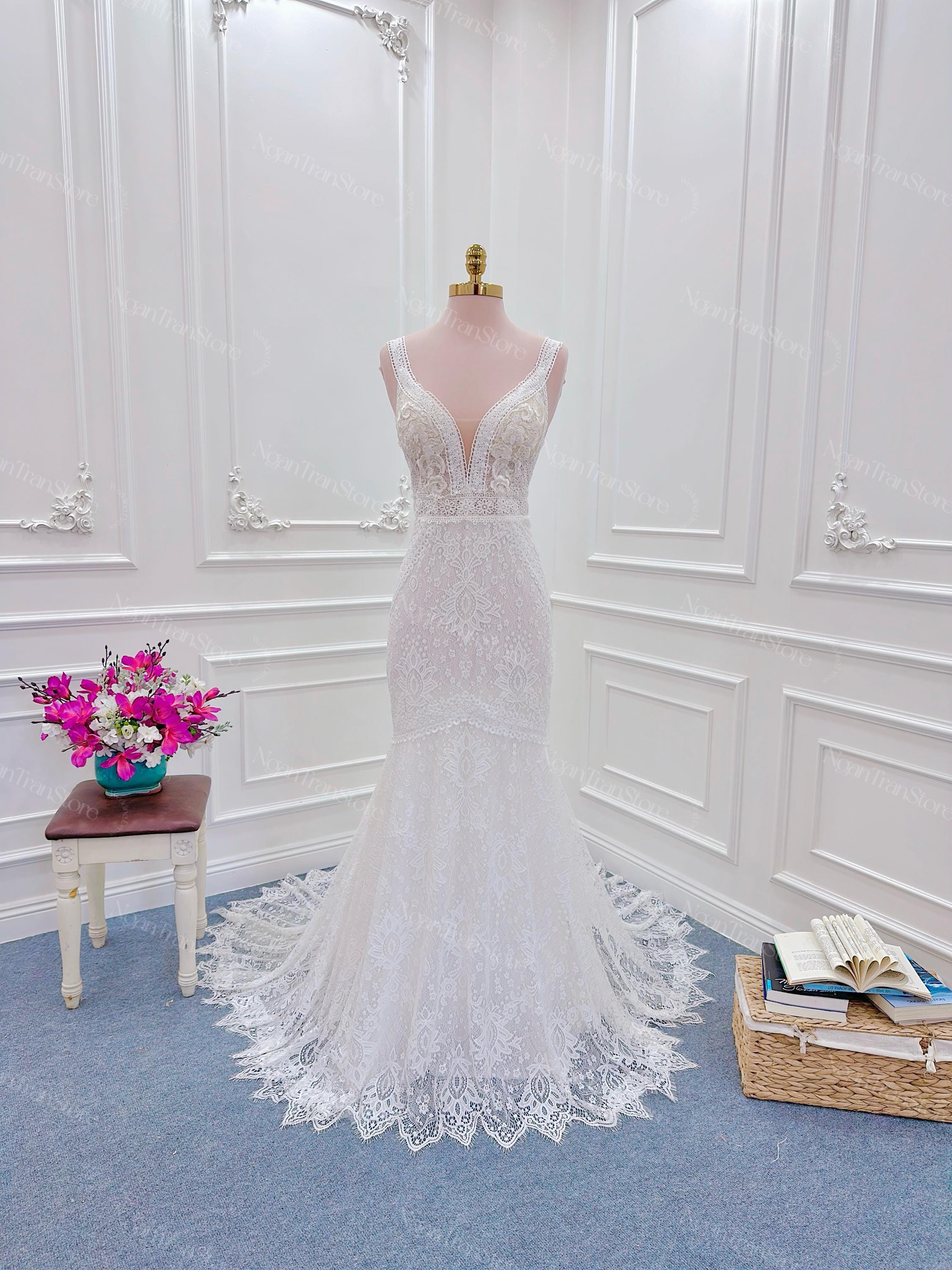 Boho Eyelash Lace Wedding Dress: Custom Bridal Gown