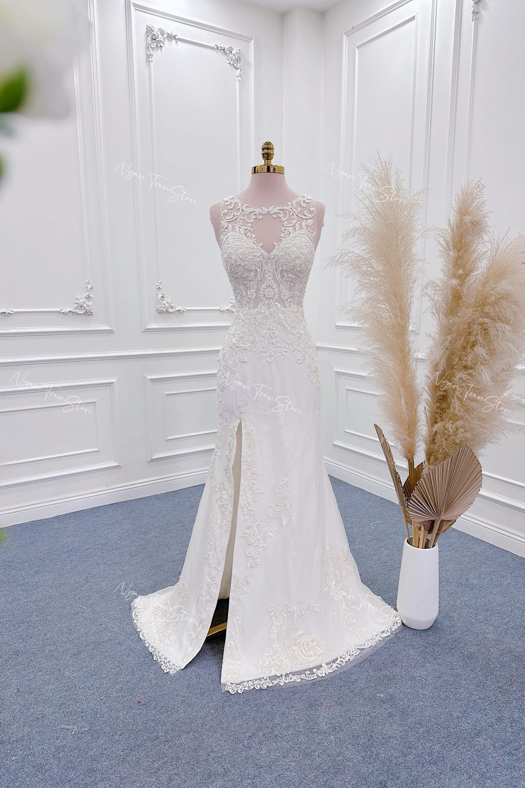 Sexy Mermaid Ombre Pink Tulle Sequin Beaded Long Wedding Dress Y9334