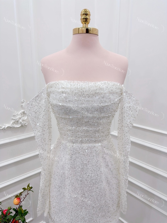 short sequin wedding dress Embellished Corset Tulle  Tabu Formal and Bridal Short Neckline Sequin Wedding Dress Short