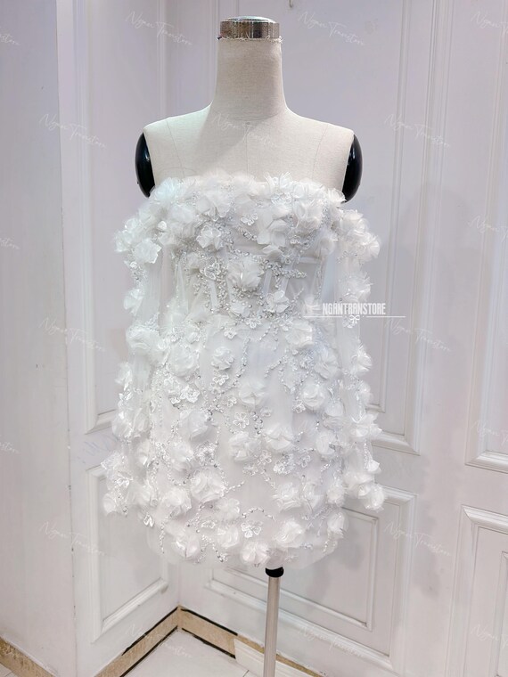 3D Floral Off-shoulder Mini Wedding Dress: Handmade Short Bridal