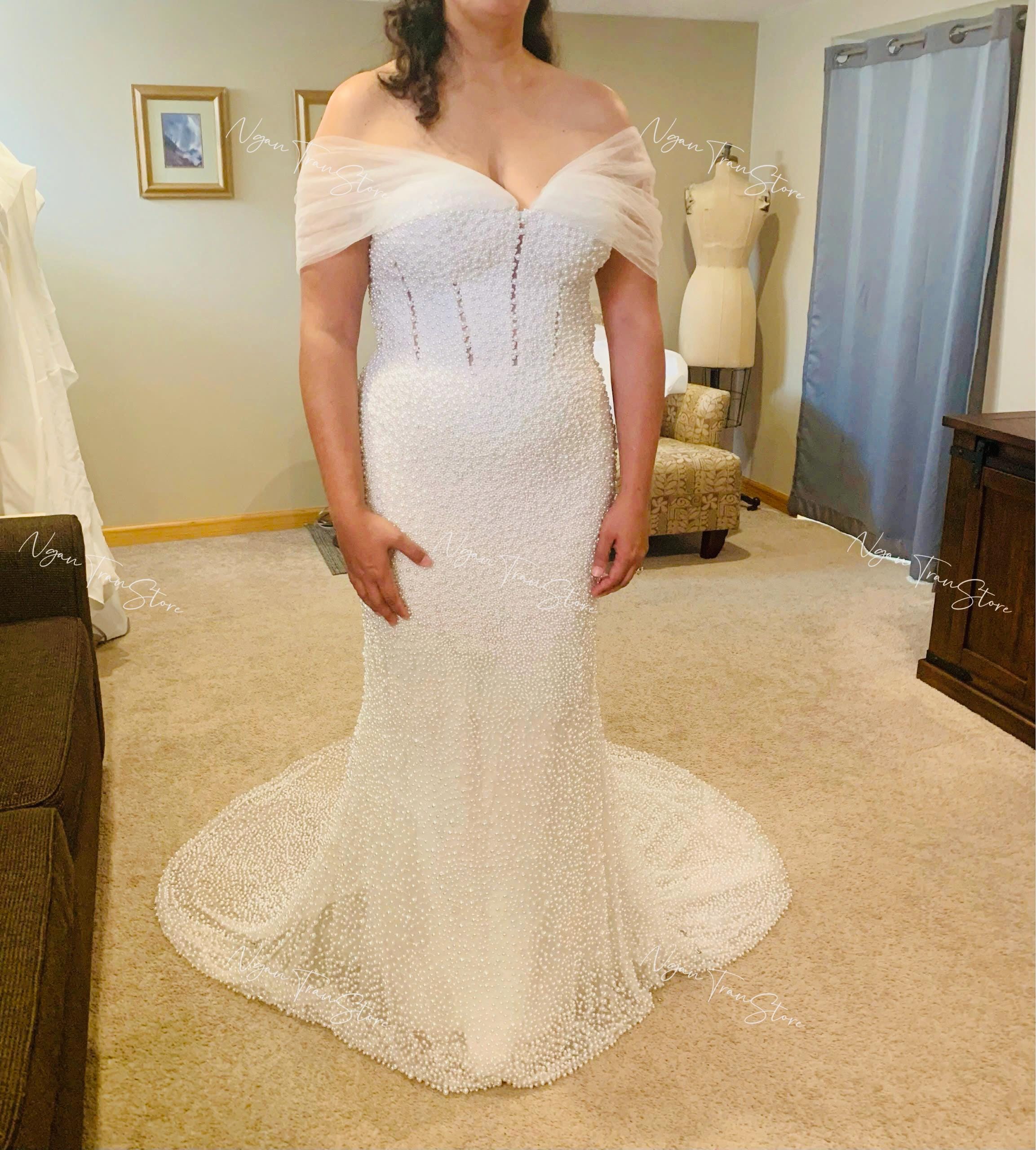 off the shoulder pearl wedding dress 15660