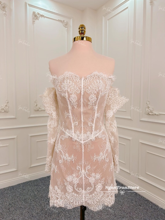 Handmade Off-Shoulder Lace Mini Dress | Bridal Party Dress | Eyelash Lace Mini Dress with Detachable Sleeves | Made to Measure Mini Dress |