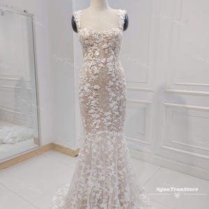 3D Floral Lace Wedding Dress: Beaded Mermaid Gown, Long Train