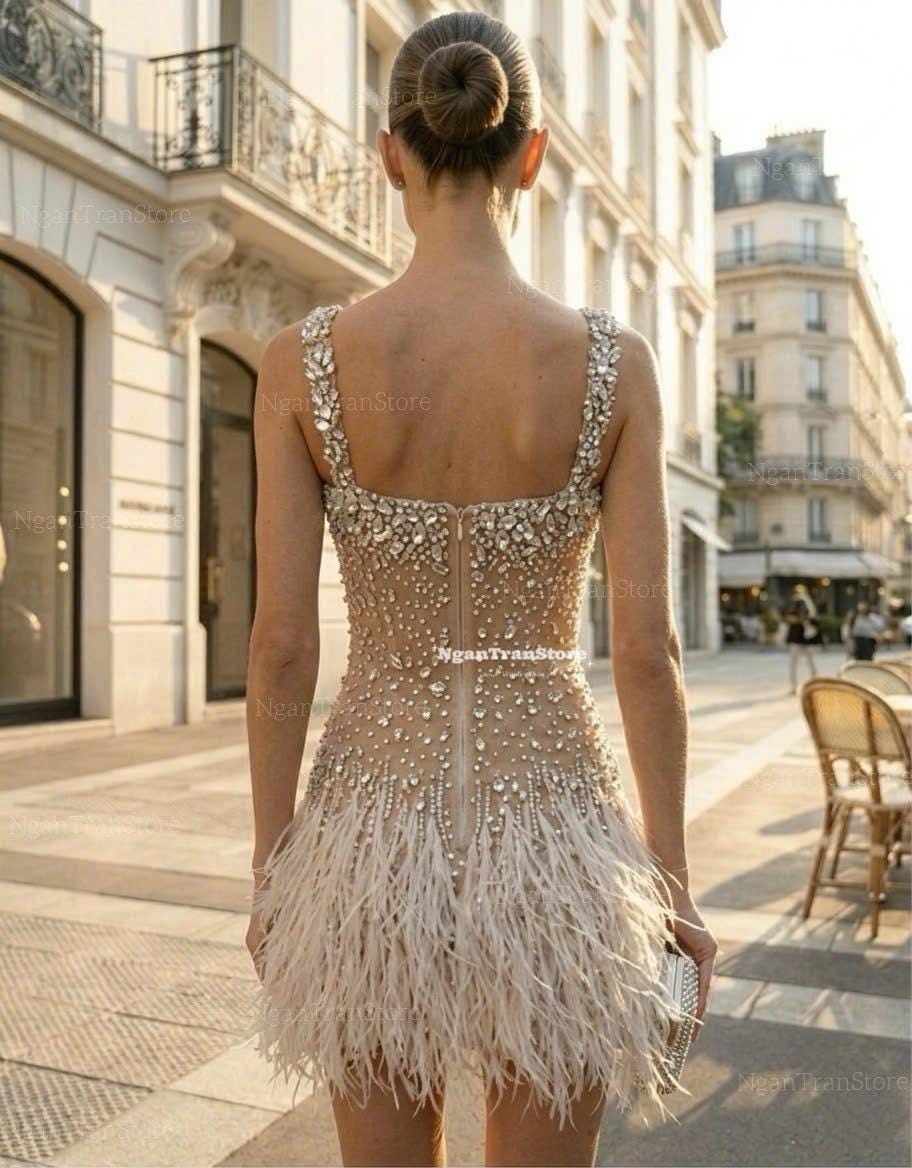 rhinestone cocktail dresses Sparkly Crystal Mini Dress With Feathers | Luxury Bridal After Party Dress | Wedding Reception Second Dress | Birthday Queen Gown Ball gown plus size black cocktail Off The Shouder adjustable spaghetti straps Colour:Honey