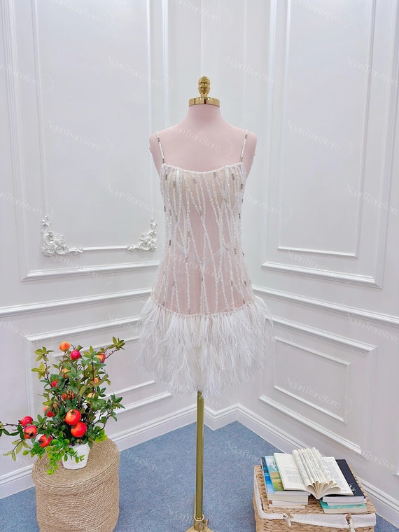Feather Hem Mini Dress: Beaded Party Dress