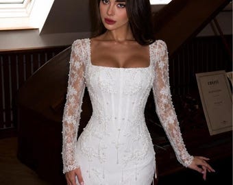 Krótka suknia ślubna z perłami | Elegancka koronkowa mini sukienka | Suknia ślubna mini z frędzlami | Sukienka mini na zamówienie | Krótka sukienka z gorsetem | Suknia na wesele