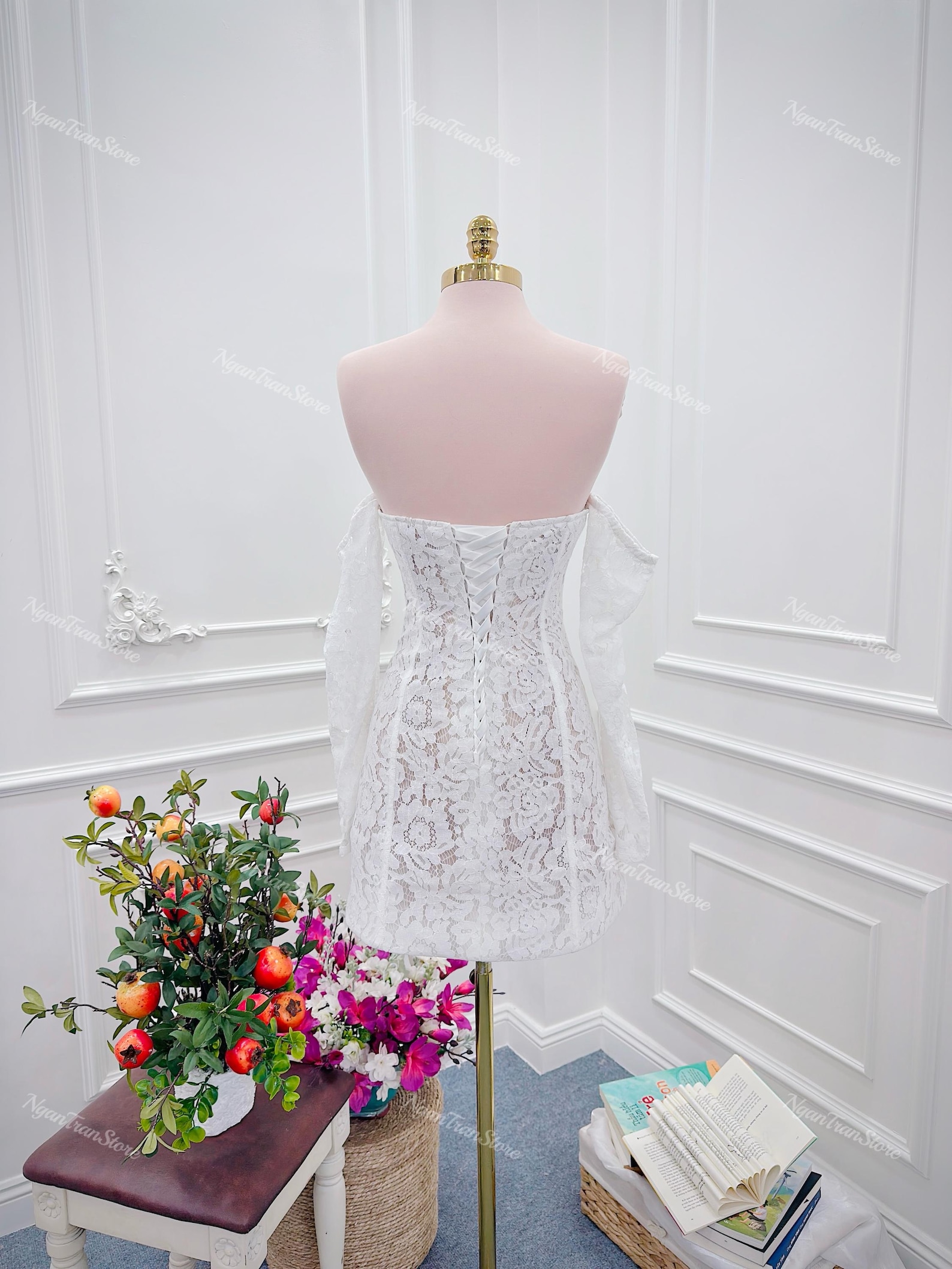 Short Wedding Dress Made of Beige Eyelash Lace Material. Custom Wedding ...