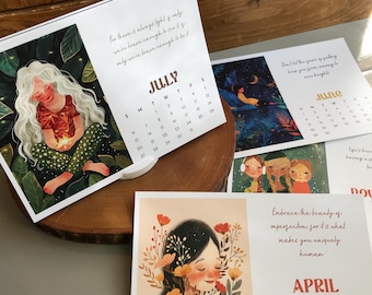 Illustrated Quote Art 12-Month Calendar, Horizontal Desk Calendar with Original Paintings and Stand