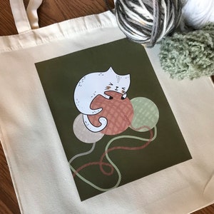 Cute cat knitting bag, all purpose tote, reuseable tote, canvas tote bag, cute cat tote, market tote