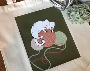 Cute cat knitting bag, all purpose tote, reuseable tote, canvas tote bag, cute cat tote, market tote