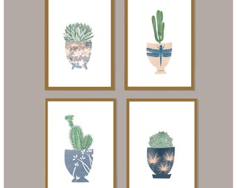 Set of 4 botanical prints, succulent wall art, cactus print, digital download plant art, printable