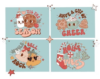 Groovy tarjetas de Navidad imprimibles retro tema de Navidad lindas tarjetas navideñas para familiares y amigos descarga digital tarjetas navideñas