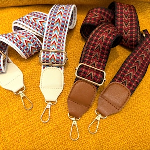 Sangle de sac bandoulière bohème, shoulder strap anse ajustable et pratique, motif en chevron, finition tissé et simili cuir, mode Mixte