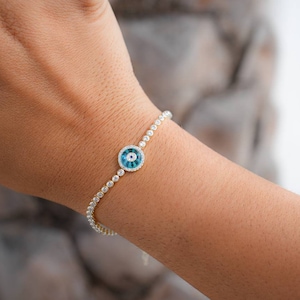 Tennis Armband, Silber Evil Eye Armband, Tennis Mosainate Armband, Diamant Evil Eye Armband, Diamant Tennis Armband