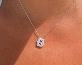 Pave Bubble Letter Necklace,Diamond Initial Letter Necklace, 3d Letter Gold Necklace, Personalized Necklace gift, 3d Letter Necklace for her