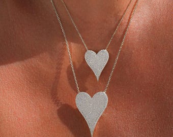Silver Hearts Necklace, Pave Heart Necklace Diamond, Elongated Heart Necklace, Dainty Gold Heart Necklace, Heart Love Delicate Pave Necklace