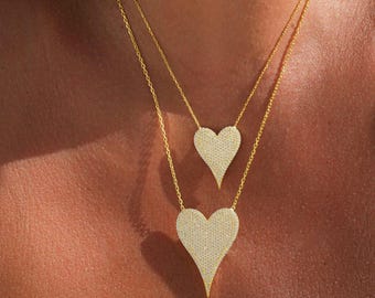 Heart Diamond Necklace, Pave Diamonds Necklace Elongated Friendship Necklace, Dainty Gold Heart Necklace, Small Heart Love Necklace for mom
