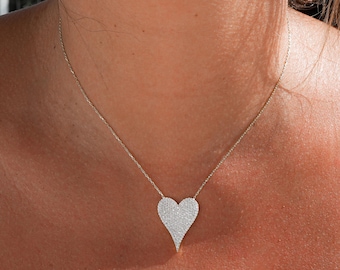 Silver Pavé Heart Necklace, Bride Elongated Diamond Heart Pendant, Small Large Heart Necklace, Dainty Diamond Love Pave Necklace