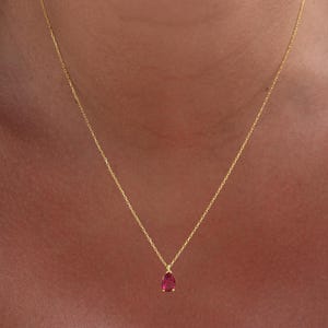 May include: A delicate gold chain necklace with a single teardrop-shaped red gemstone pendant.