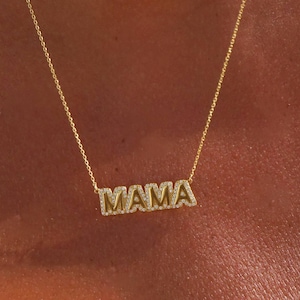 Bubble Letter Necklace, Custom Name Diamond Outline Necklace, Personalized Mama Grandma necklace, Sterling Silver Name plate necklace
