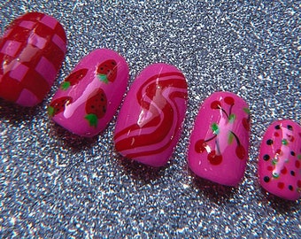 Hand-Painted Pink Press On Nails: Strawberry Cherry Design